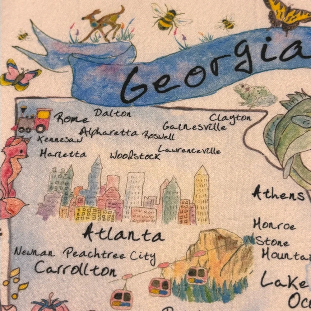 Georgia Map Tea‎ Towel With Local Points Of Interest Made in USA